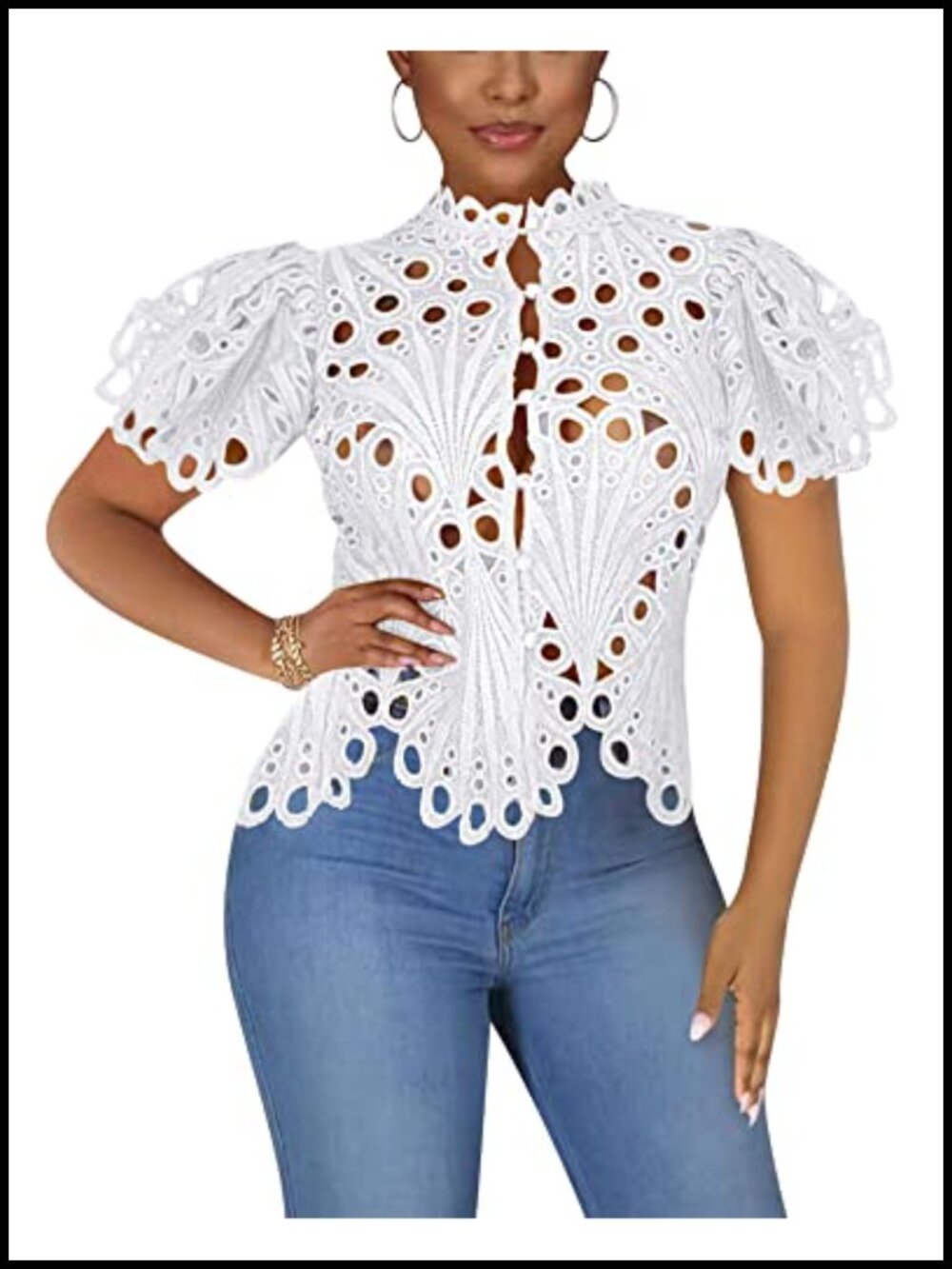 Sexy Lace Ruffle Puff Long Sleeve Button Down Top Women's